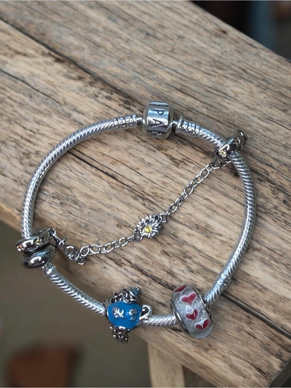 Pandora Silver Charm Bracelet with Heart and Teapot Charms - Silver, Blue, Red
